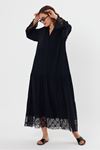 Dantelli Tül Detaylı Uzun Kol Kadın Elbise-Siyah